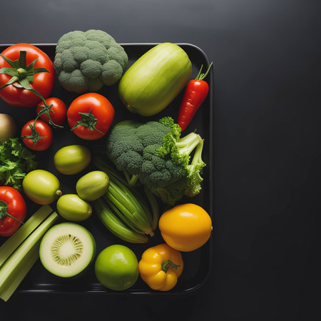 Still life kitchen board with fresh vegetables on dark background. Healthy food conceptの素材