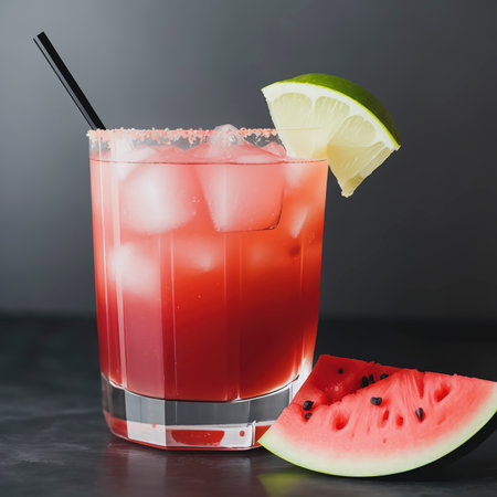 Refreshing cocktail with watermelon juice on black background garnished with chunk of watermelonの素材