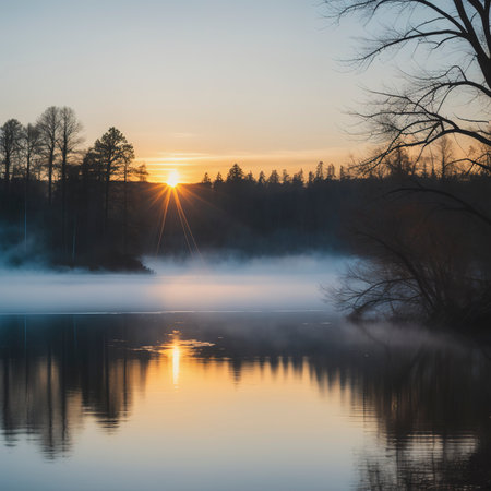 Swan swims in the mist on a winter lake in the sun at sunsetの素材