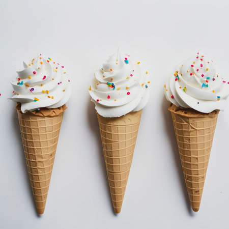 row of empty ice cream cones on white backgroundの素材