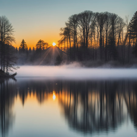 Swan swims in the mist on a winter lake in the sun at sunsetの素材