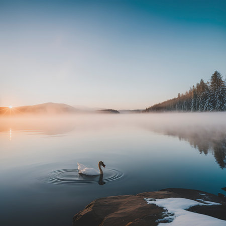 Swan swims in the mist on a winter lake in the sun at sunsetの素材