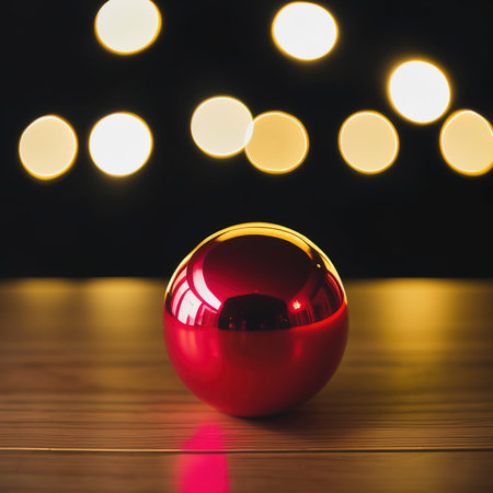 Red Christmas glass balls on wooden table against the background of defocus from the lightsの素材
