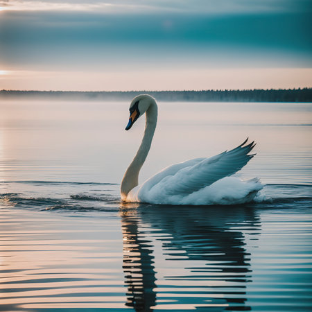 Swan swims in the mist on a winter lake in the sun at sunsetの素材