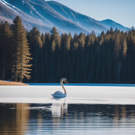 Swan standing in the lake wings spread in a winter sunny dayの素材