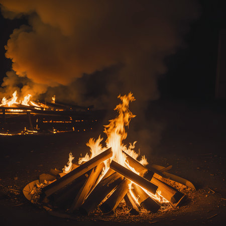 Big red and orange flames raging fire, wood and embers in the fire on a background of flamesの素材