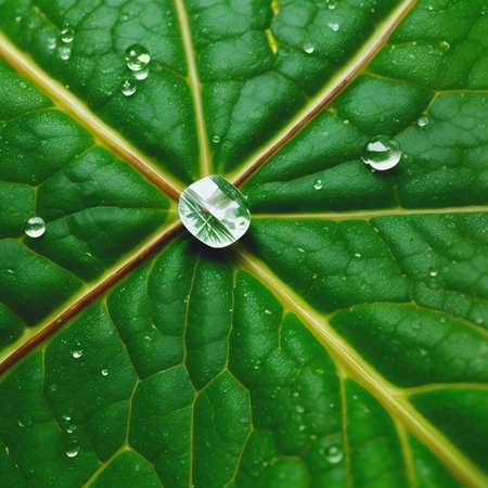 Close up shot of rain droplets on the green leafの素材
