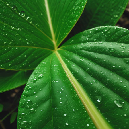 Close up shot of rain droplets on the green leafの素材