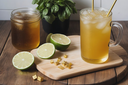 cold gold soft drink from lime and honey with gold straw on wooden boardの素材