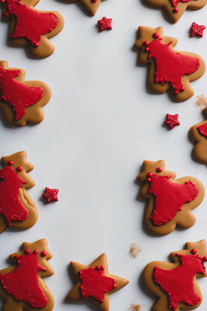Cooking christmas gingerbread concept. Xmas holiday cookies on white background top viewの素材