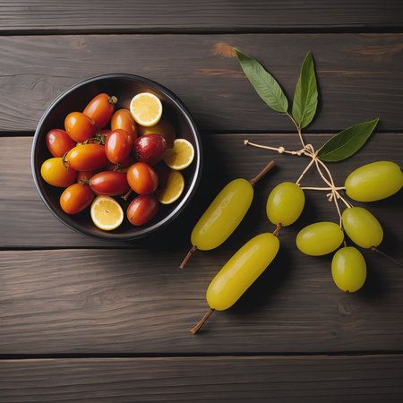 Dates fruit and rosary still life, on a dark wooden backgroundの素材
