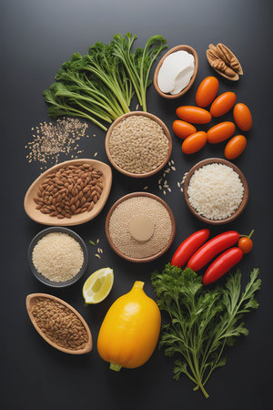 Food sources of omega 3 on dark background with copy space top view. Foods high in fatty acids including vegetables, seafood, nut and seeds. Health food fitnessの素材