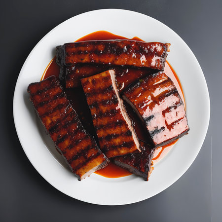 Hot grilled spare ribs with barbecue sauce isolated on white backgroundの素材