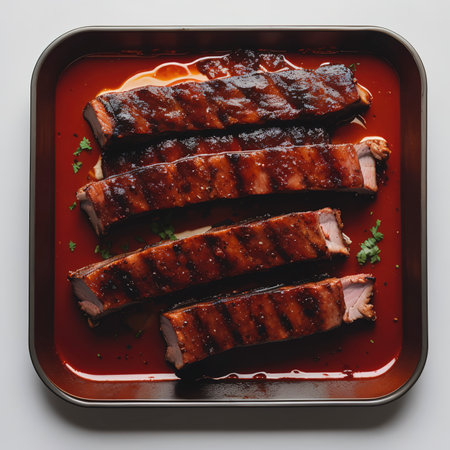 Hot grilled spare ribs with barbecue sauce isolated on white backgroundの素材