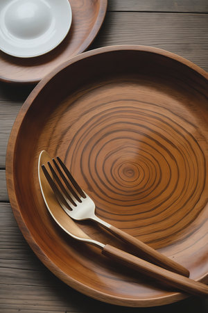 Empty wood dish with wood fork and wood spoonの素材