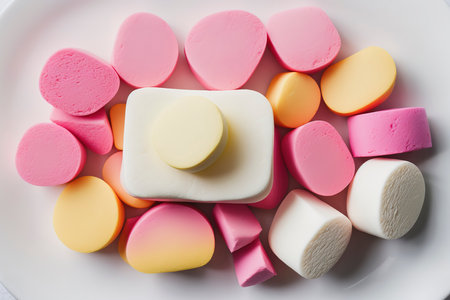 Colorful pastel marshmallow on white background. Ingredient for cooking dessert, snack for movie night and unhealthy sweets. Top view, copy spaceの素材