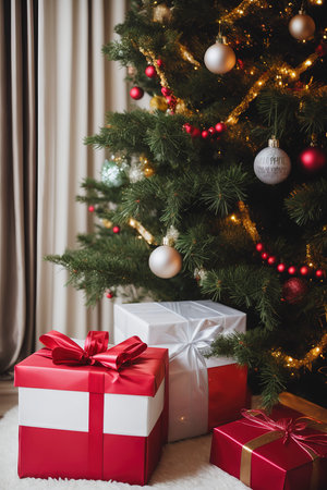 Happy new year and ornaments on the Christmas tree with gift box ,blurred and soft focusの素材