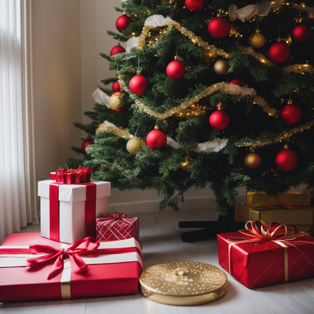 Happy new year and ornaments on the Christmas tree with gift box ,blurred and soft focusの素材