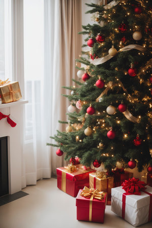 Happy new year and ornaments on the Christmas tree with gift box ,blurred and soft focusの素材