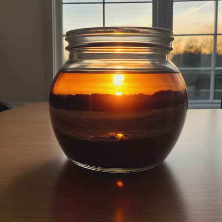 glass piggy bank with sunset light in saving money concept on wood tableの素材