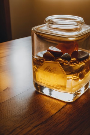 glass piggy bank with sunset light in saving money concept on wood tableの素材