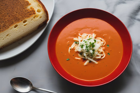 Bowl of tomato soup with pasta and parsleの素材