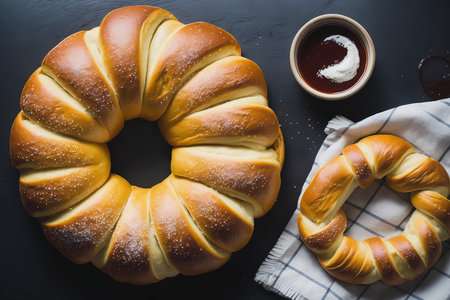 Homemade freshly baked soft pretzel on black backround. Traditional Bavarian pretzels for Octoberfest. Top view, copy spaceの素材