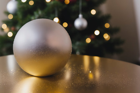 silver and gold christmas balls hanging with defocused lights backgroundの素材