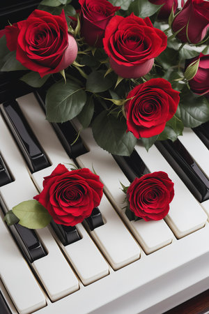 Red Flower Rose on Piano Keys Romantic Viewの素材