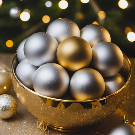 silver and gold christmas balls hanging with defocused lights backgroundの素材