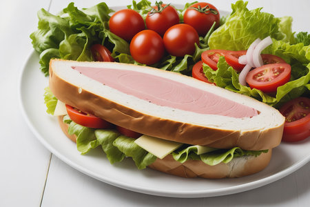 Submarine sandwich with ham, cheese, lettuce, tomatoes,onion, mortadella and sausage isolated on white backgroundの素材