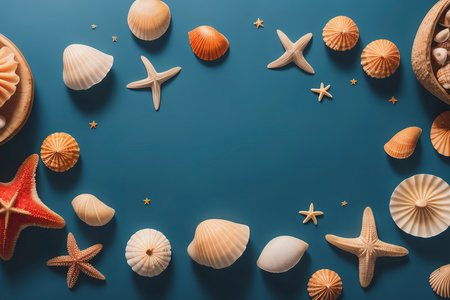 summer background with shells, starfish and capes on a blue background. Copy spaceの素材