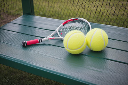 Tennis balls and racket on benchの素材