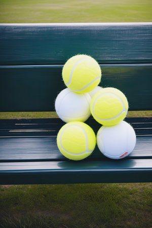 Tennis balls and racket on benchの素材