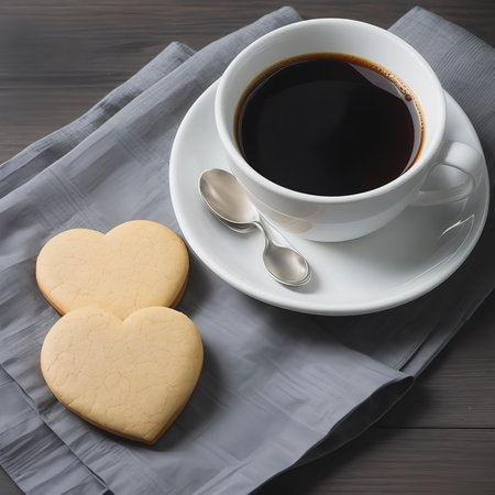 Sweet cookies in heart shape and cup of coffeeの素材