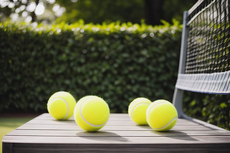 Tennis balls and racket on benchの素材