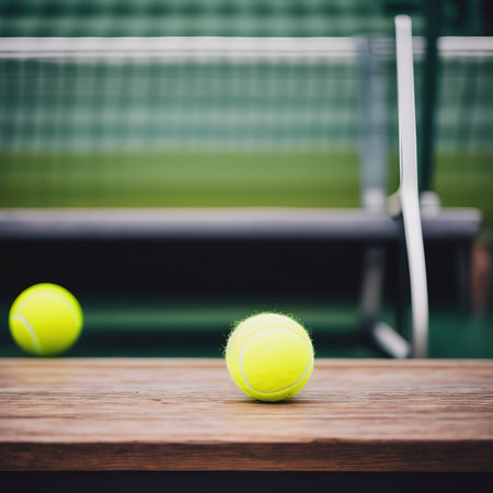 Tennis balls and racket on benchの素材