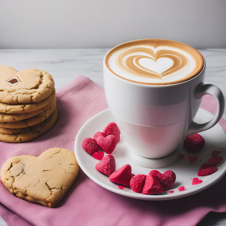 Sweet cookies in heart shape and cup of coffeeの素材