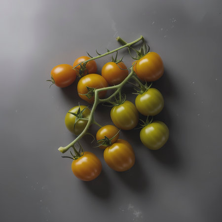 Top view bunch of tomatoes with black pepper, leaves, garlic, chili peppers on gray background. horizontalの素材