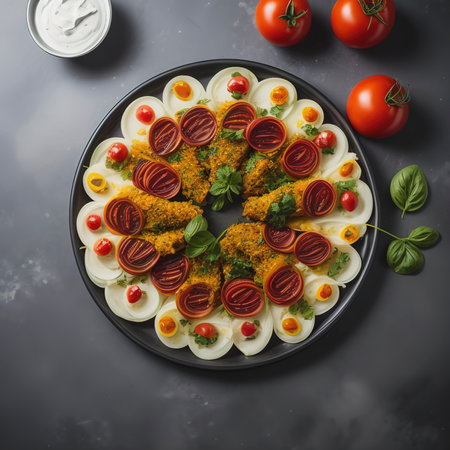 Top view lule kebab with tomato and onion and ayran on stone backgroundの素材