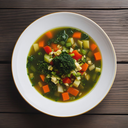 Top view soup with vegetables and parsley in a white plate on a dark wooden backgroundの素材
