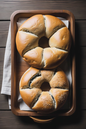 Turkish bagel in a basket top view on a dark wooden backgroundの素材