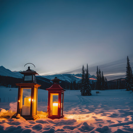 Two burning lanterns in the snow at twilightの素材