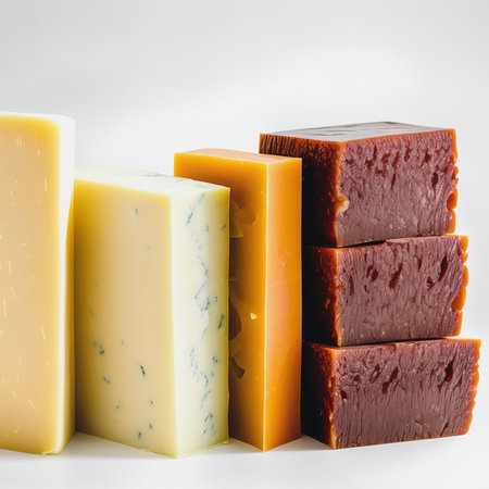 variety of different types of cheeses stacked isolated on white backgroundの素材