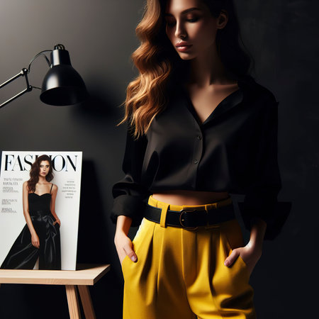 a woman wearing a black shirt and yellow pants, standing in a room for fashion magazineの素材