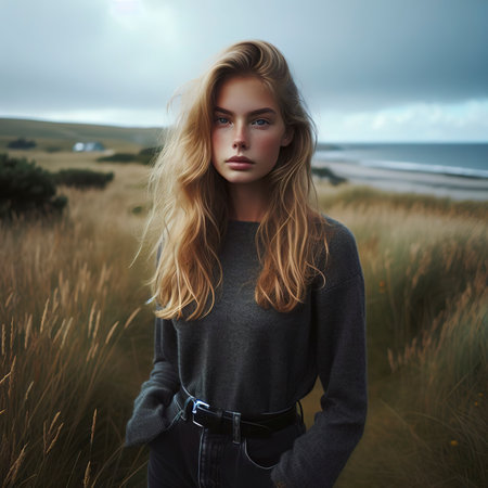 a young woman standing in the grassの素材