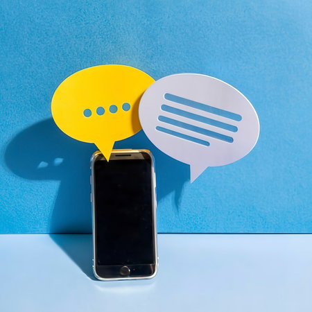 Notification and chat bubble floating with smartphone on bright blue backgroundの素材