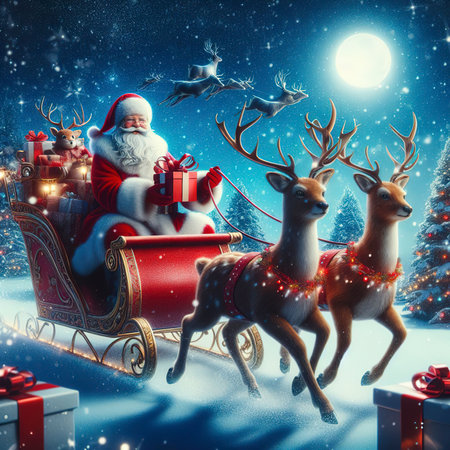 Photo of Santa Claus riding on sleigh with with deer and gift boxの素材