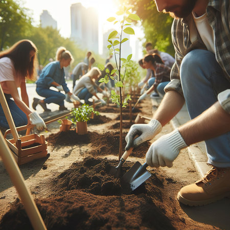 Planting trees in an urban park during a community eventの素材