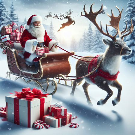 Photo of Santa Claus riding on sleigh with with deer and gift boxの素材